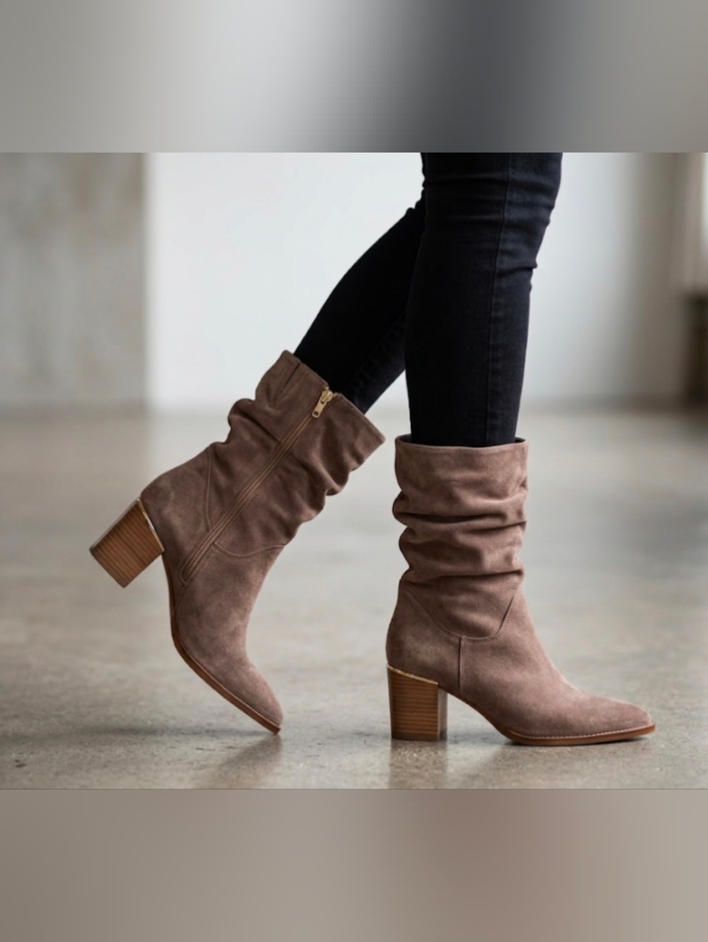 NWT Joie Slouchy Western Mid Calf Boot Taupe Suede Block Heel Size 9